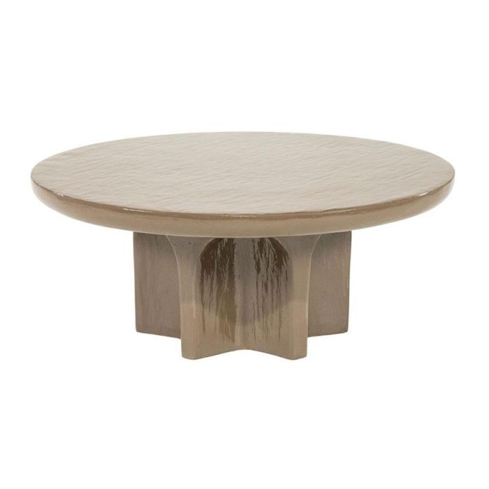 Ronde salontafel Circolo Large in taupe met glanzende betonlook en sculpturaal onderstel van ijzer.