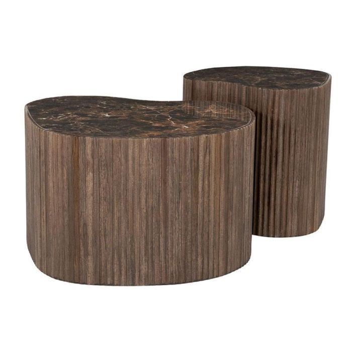 Salontafel Nice van reclaimed teak met donker keramisch blad in marmerlook, uitgevoerd als organische set van twee tafels.