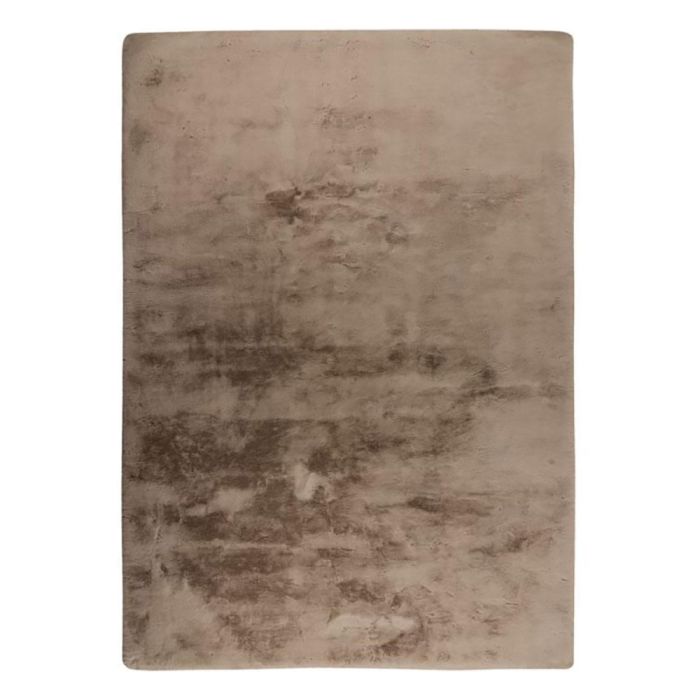 Rechthoekig hoogpolig vloerkleed in taupe met zachte kleurovergangen en licht gemêleerd oppervlak, bovenaanzicht