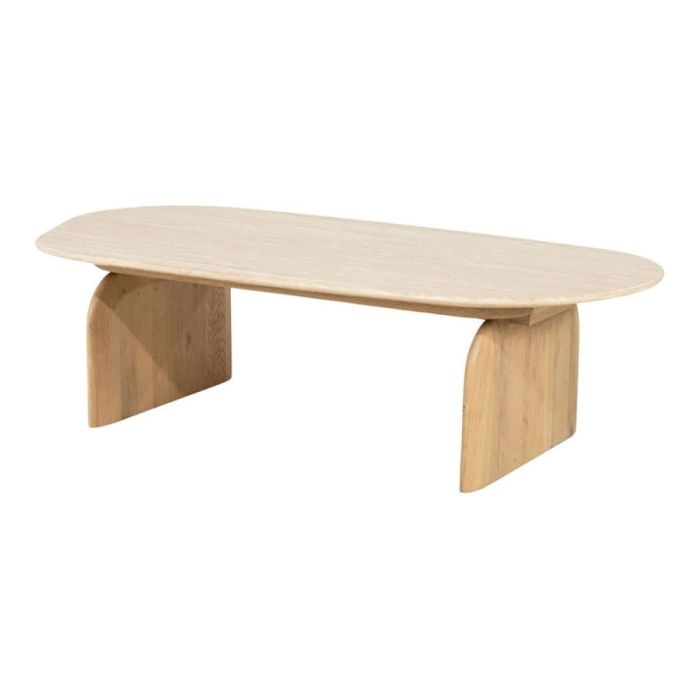 Salontafel Lova van Eleonora met ovaal travertin blad en twee afgeronde eikenhouten panelen als onderstel