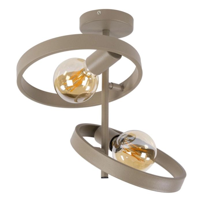 Beige plafondlamp Hover met twee ronde metalen ringen en zichtbare lichtbronnen tegen witte achtergrond