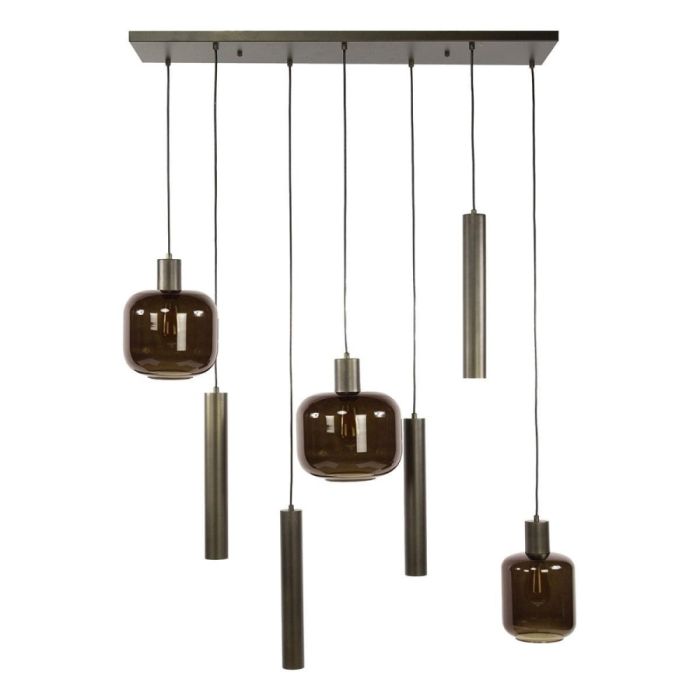 Hanglamp Bronza Mix met bruine glazen kappen en cilindervormige hangers aan een zwarte plafondplaat