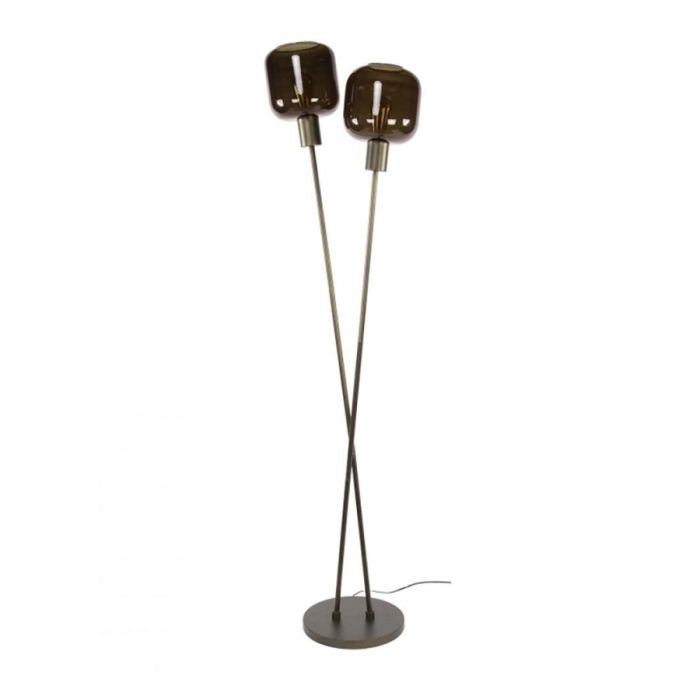 Vloerlamp Bronza 2-Lichts met twee bruine glazen kappen op een slank metalen frame