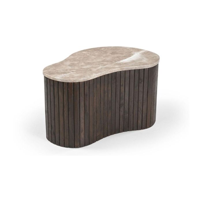 Organisch gevormde salontafel met marmeren blad en houten lattenstructuur rondom