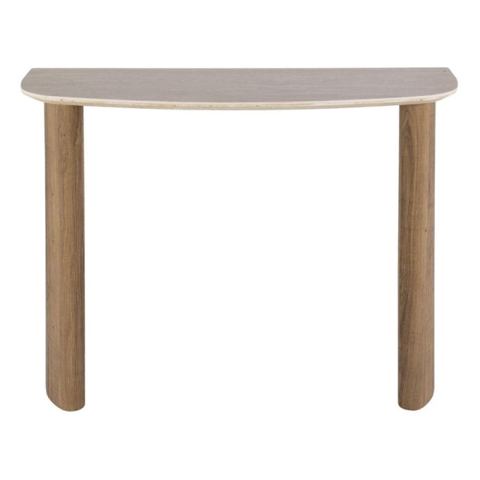 Hal-/kaptafel Romano Curvo met keramisch travertin blad en eikenhoutlook poten.