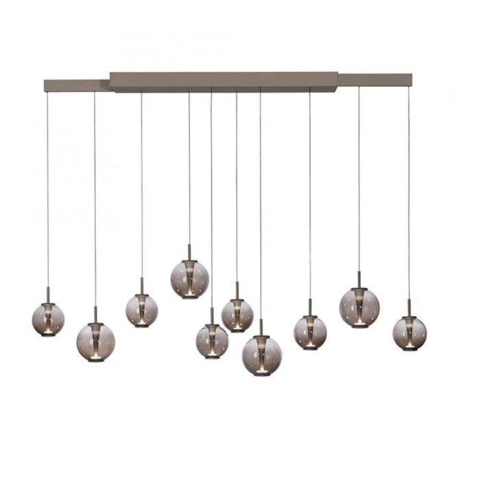 Bronzen PURE E-Infinity hanglamp met tien amberkleurige glazen bollen en modern design.