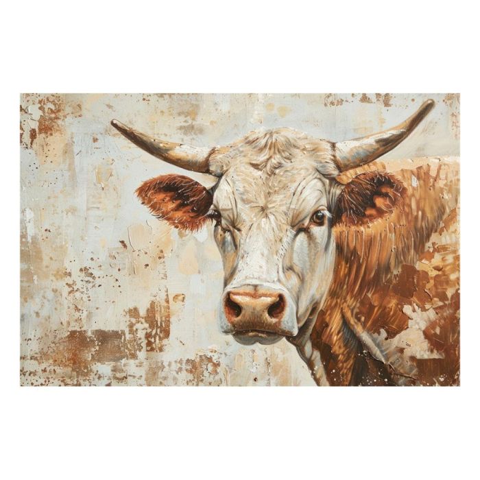 Glasschilderij met frontale koe in aardetinten met grote horens en abstracte achtergrond