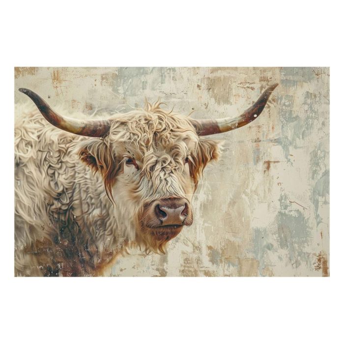 Artistiek glasschilderij van een hooglander met grote horens tegen abstracte achtergrond in aardetinten