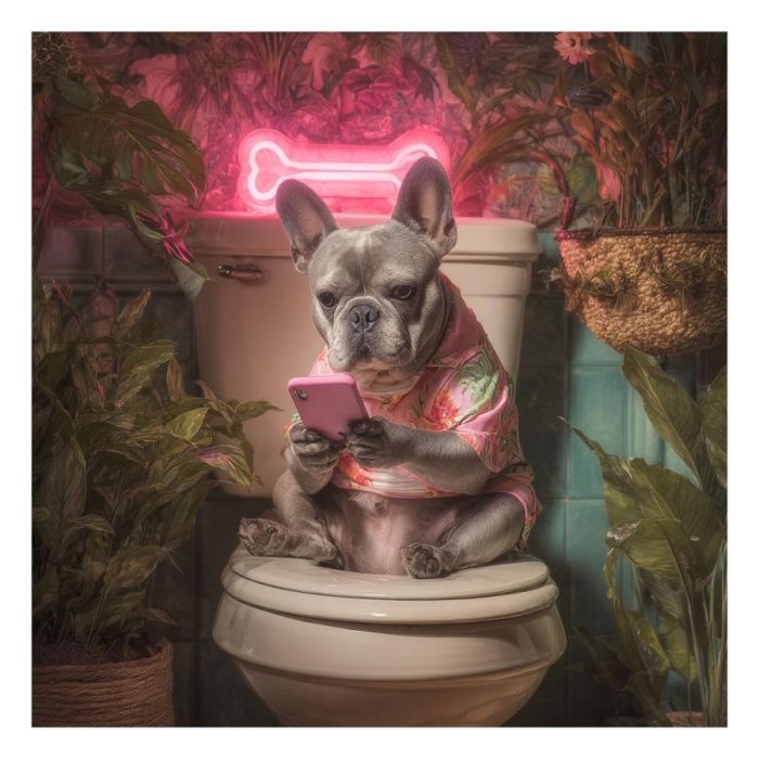 Franse bulldog op toilet met telefoon en roze neonlamp in tropische badkamer setting