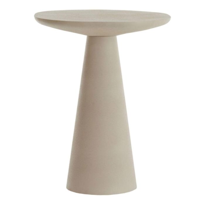 Ronde salontafel Abala in mat crème met breed blad en taps toelopende voet tegen lichte achtergrond