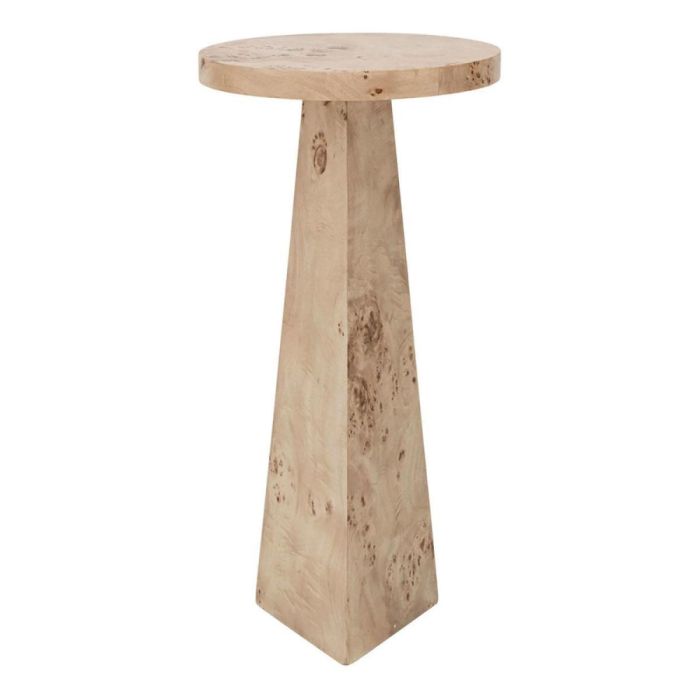 Houten bijzettafel met rond blad en taps toelopende voet van burl wood fineer op witte achtergrond