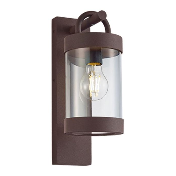Roestkleurige SAMBESI buitenwandlamp met cilindervormige glazen kap en zichtbaar filamentlicht.