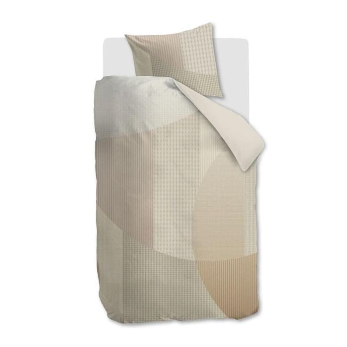 Dekbedovertrek Tove in natuurlijke tinten met grafisch patroon en speelse vormen op eenpersoonsbed