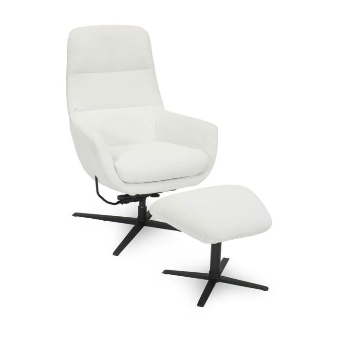 Fauteuil Faro met hocker in lichte stof en zwart draaionderstel