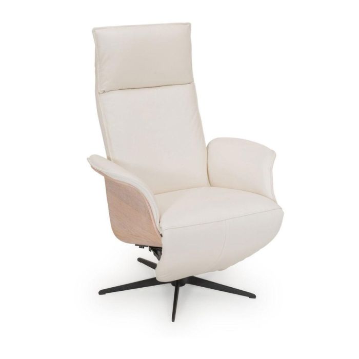 Relaxfauteuil Ronda in licht leer met hoge rug, hoofdsteun en zwart draaionderstel