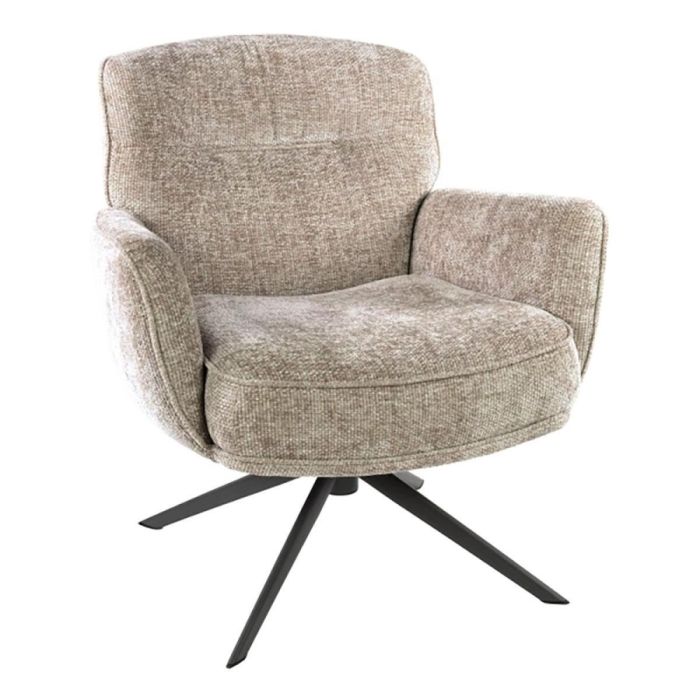Beige draaifauteuil Forza in chenille stof met zwarte metalen draaipoot schuin van voren