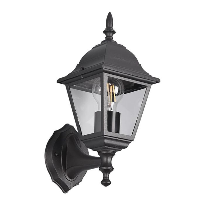 Wandlamp Livenza in mat zwart schuin van voren met klassieke vorm en heldere glazen panelen.