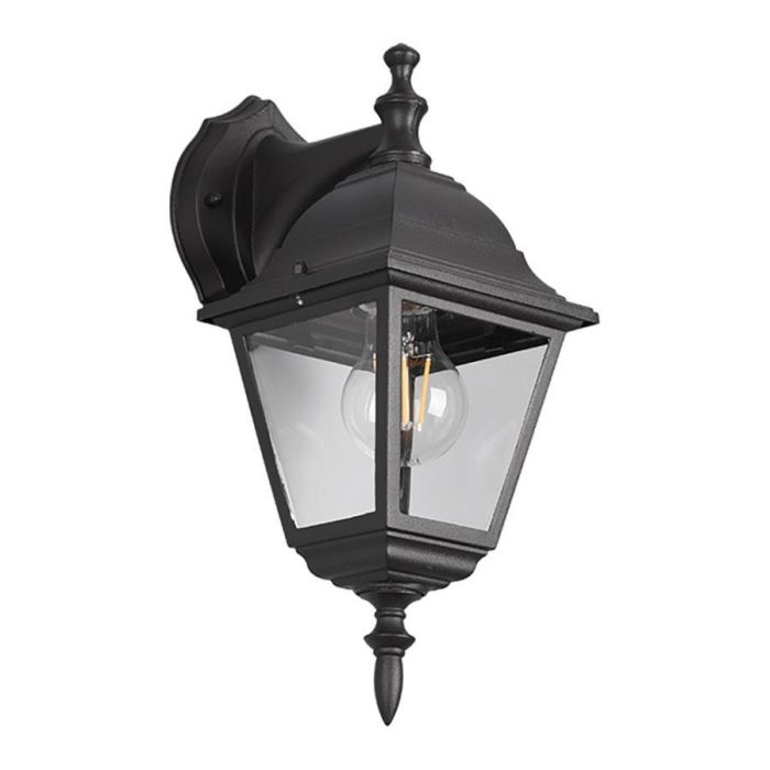 Wandlamp Livenza mat zwart hangend model met heldere glazen panelen, schuin van voren.