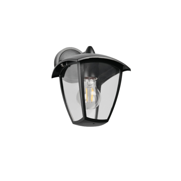 Buitenwandlamp venta matzwart met klassieke vormgeving, heldere glazen panelen en zichtbare lichtbron.