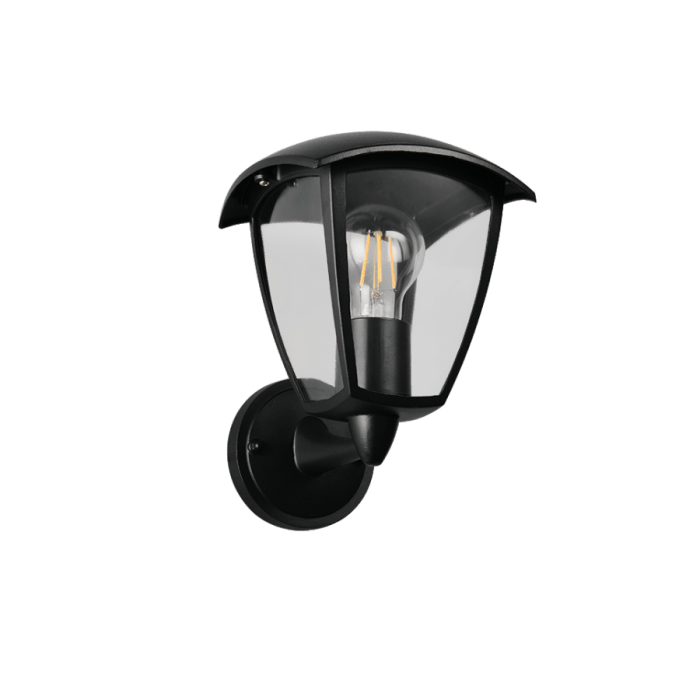 Buitenwandlamp venta matzwart met heldere glazen panelen en klassieke lantaarnvorm in schuin vooraanzicht.