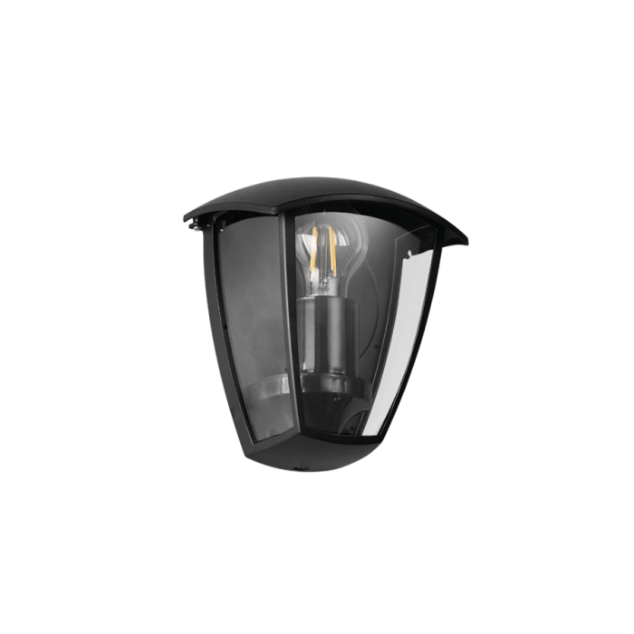 Buitenwandlamp Venta matzwart met transparante glazen panelen in schuin vooraanzicht.