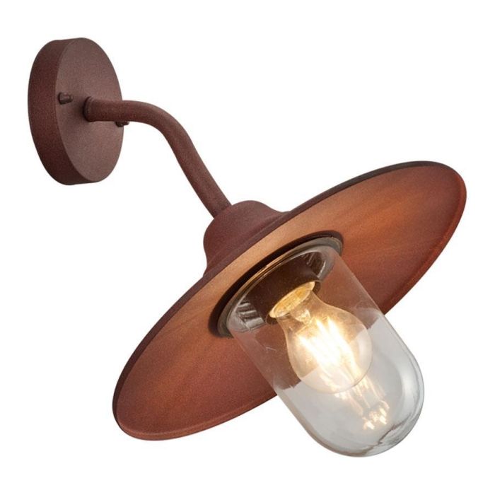 Brenta wandlamp in roestkleur met transparante glazen kap en vintage uitstraling.