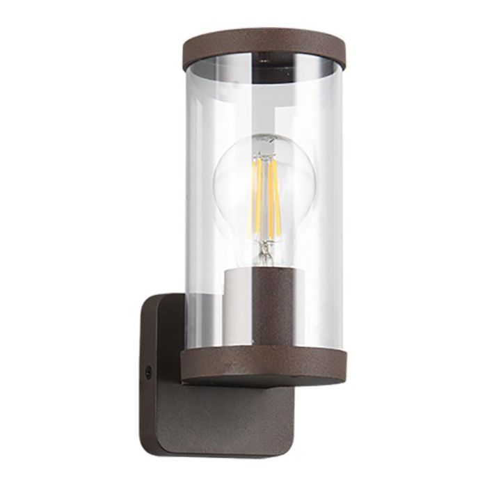 Bonito wandlamp in roestkleur met transparante glazen cilinder, schuin van voren.