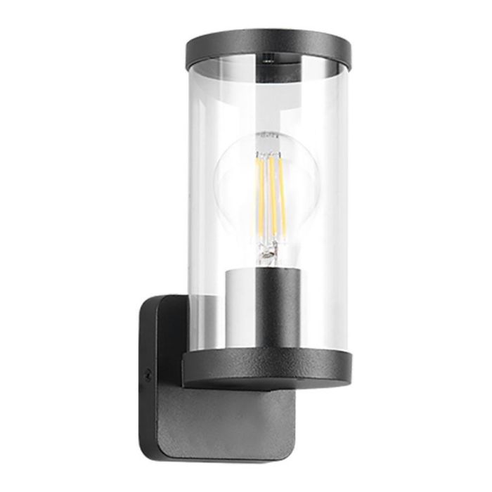 Bonito wandlamp in mat zwart met transparante glazen cilinder, schuin van voren.