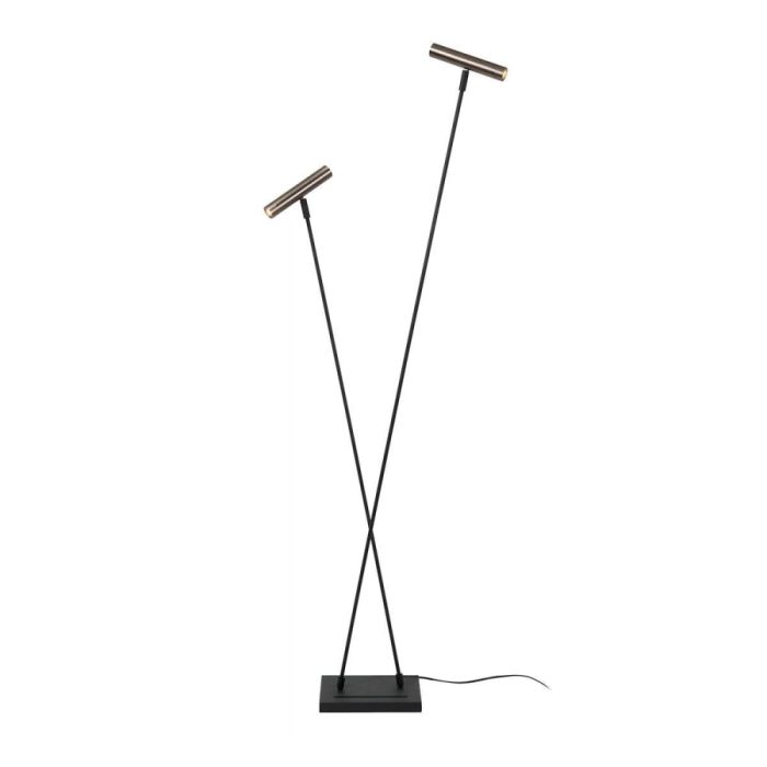 Slanke vloerlamp met twee verstelbare spots, kruislings metalen frame en zwarte voet op witte achtergrond