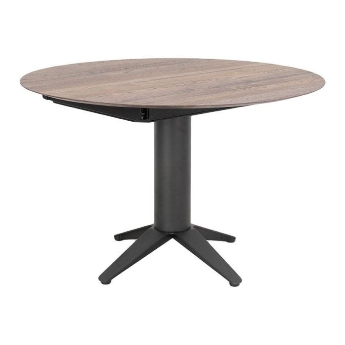 Ronde uitschuifbare eettafel Bloom met houtlook blad en zwart metalen onderstel