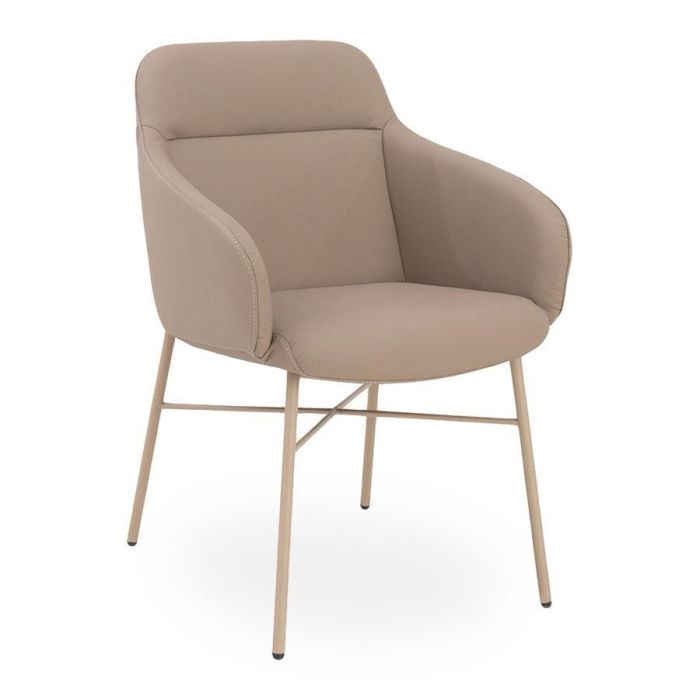 Moderne eetkamerstoel Jack met armleuningen in beige stoffering en slank metalen onderstel