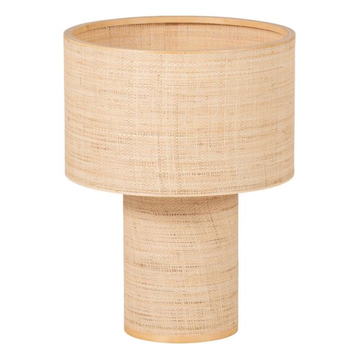 Tafellamp met brede ronde kap en stevige voet in naturel geweven raffia op witte achtergrond