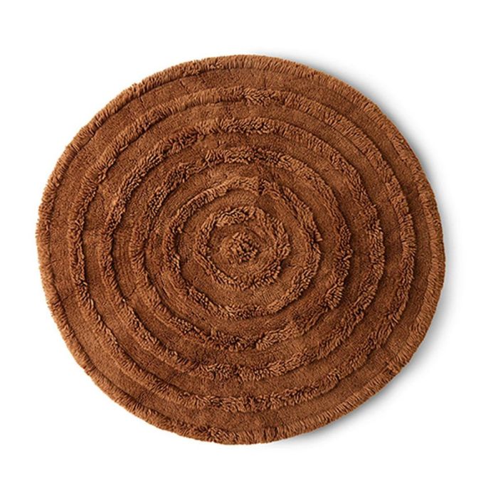 Rond wollen vloerkleed in mahoniebruin met speels cirkelpatroon en hoogpolige rand, Ø150 cm