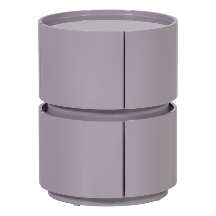 Rond nachtkastje in lichtgrijs hoogglans met twee gestapelde cilindervormen