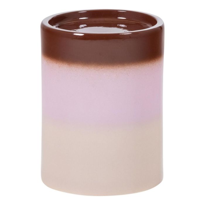 Ronde keramieken bijzettafel met kleurverloop van crème naar roze en donkerbruine rand