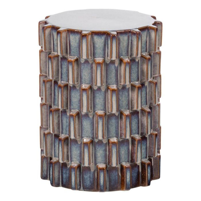 Ronde keramische bijzettafel in grijsblauw met reliëfstructuur en glanzende afwerking, vrijstaand