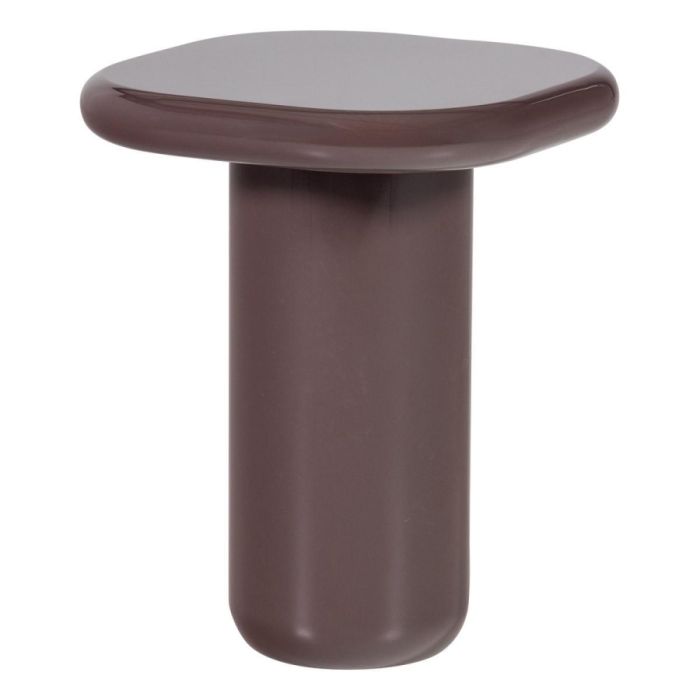 Donkerbruine bijzettafel met hoogglans afwerking en ronde vormen op witte achtergrond