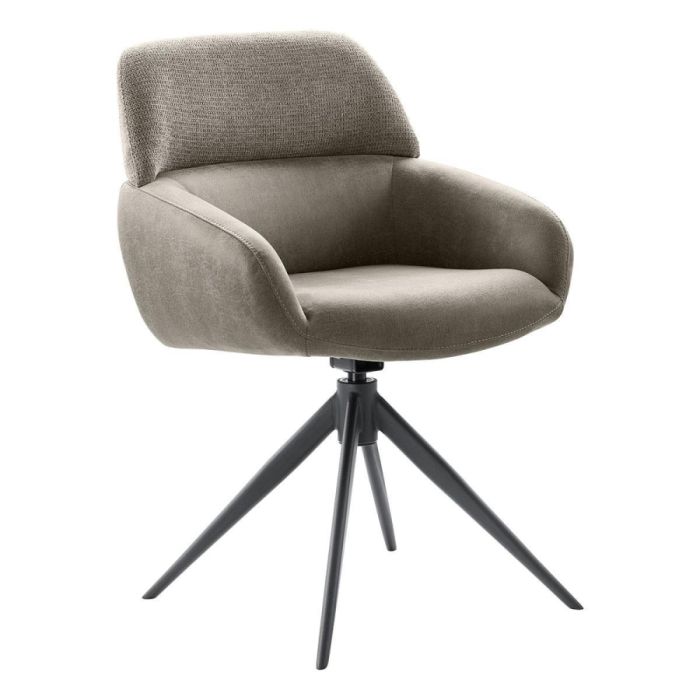 Grijze draaibare armstoel met microvezel zitting en zwarte metalen kruispoot tegen witte achtergrond