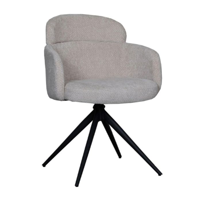 Draaibare eetkamerstoel Levi in naturel stof schuin van voren met zwart metalen onderstel en afgeronde rug