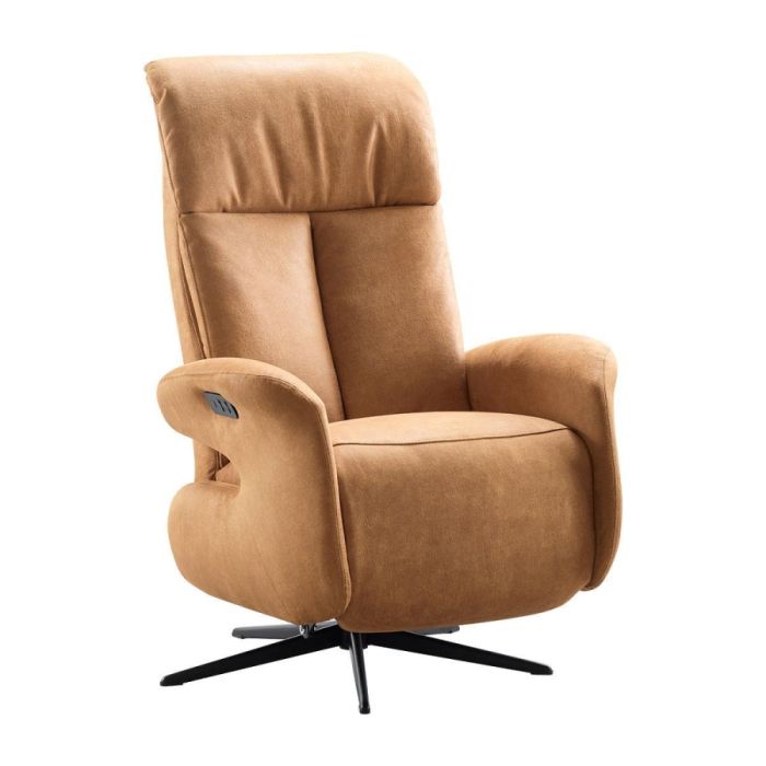 Relaxfauteuil Westlake in caramelkleurige microvezel met lederlook en zwarte metalen poot vooraanzicht