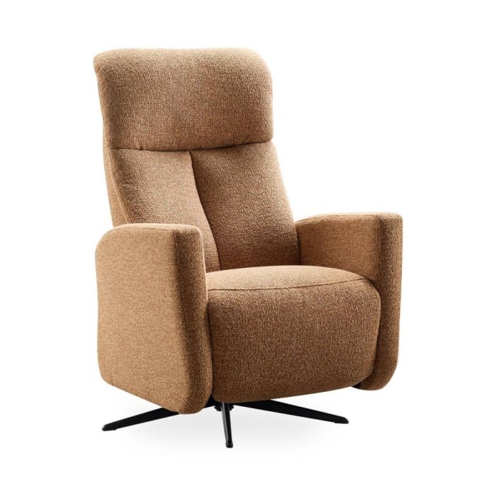 Relaxfauteuil Waverly Small in stof Lodge cognac met rechte armleuningen en zwarte draaipoot, vooraanzicht