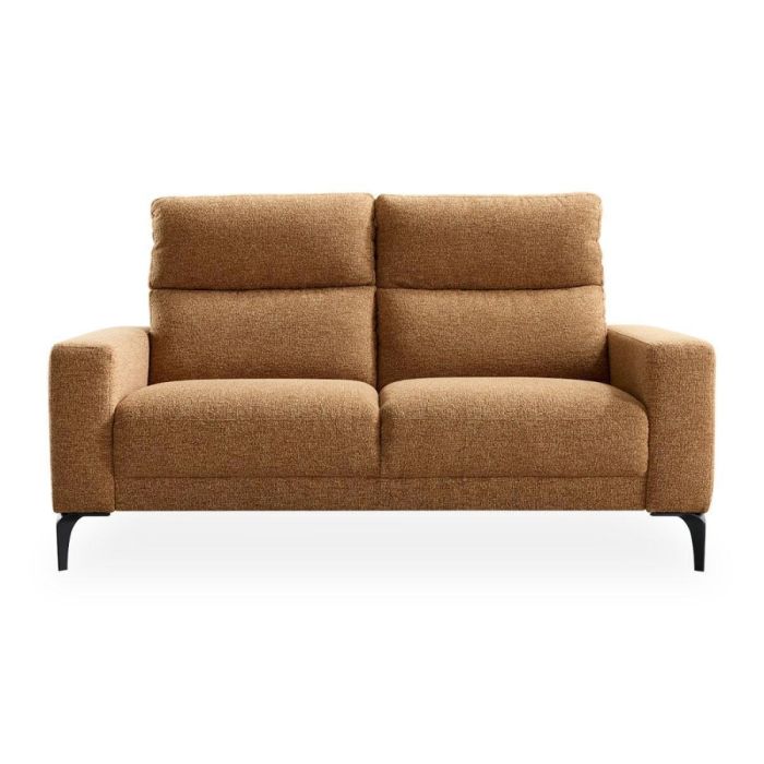 2,5-zitsbank Holsted in bruine boucléstof met hoge rugleuning en metalen poten vooraanzicht