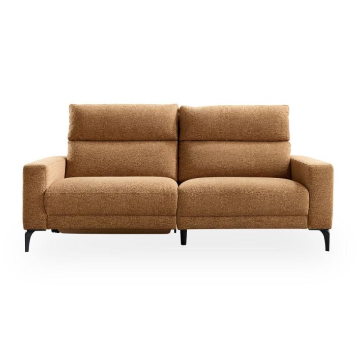 3-zitsbank Holsted in bruine boucléstof met hoge rugleuning en metalen poten vooraanzicht