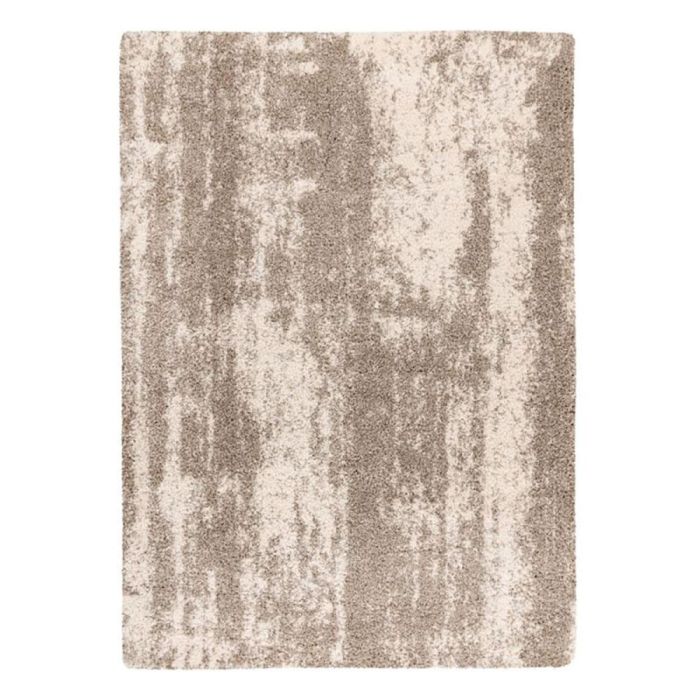 Rechthoekig hoogpolig vloerkleed in gemêleerde beigetinten met een speels patroon, bovenaanzicht van het volledige kleed