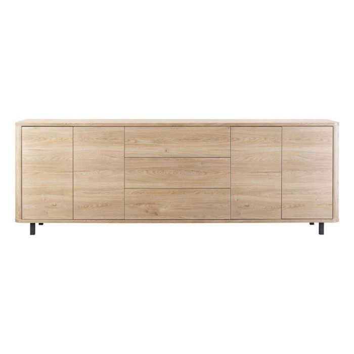 Dressoir Lirona in old oak met vier deuren, drie laden en zwarte pootjes op witte achtergrond