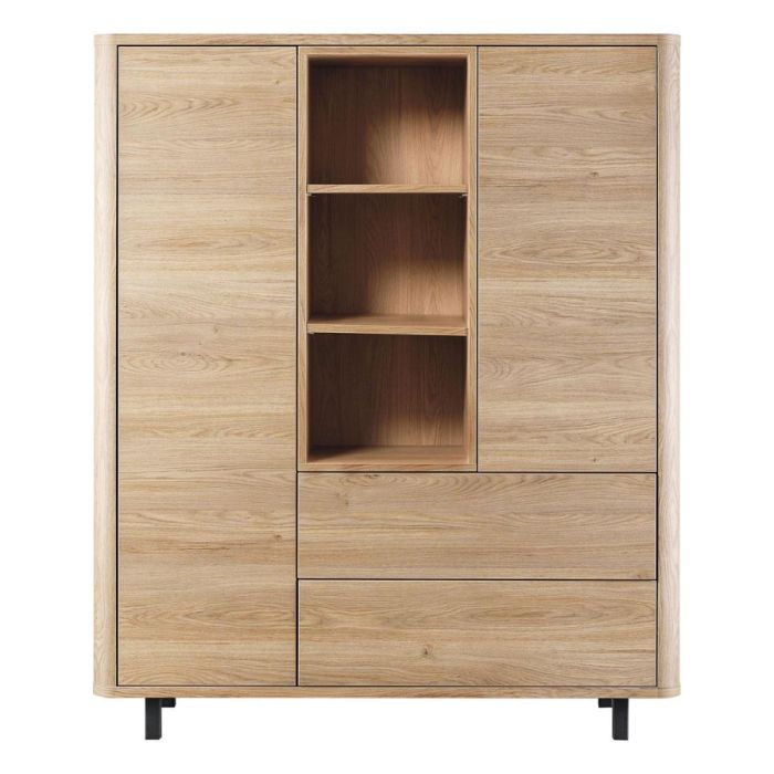 Wandkast Lirona old oak met twee deuren, twee laden, drie open vakken en zwarte metalen pootjes op witte achtergrond.