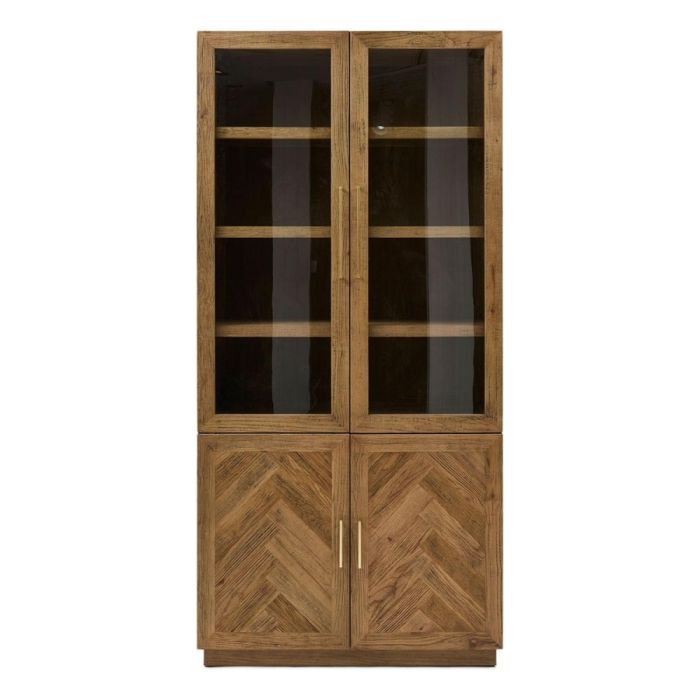 Eikenhouten buffetkast met glazen deuren en visgraatpatroon onderkast