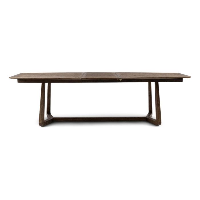 Uitschuifbare eettafel Miller in donker eikenhout volledig uitgeschoven met robuust onderstel op witte achtergrond