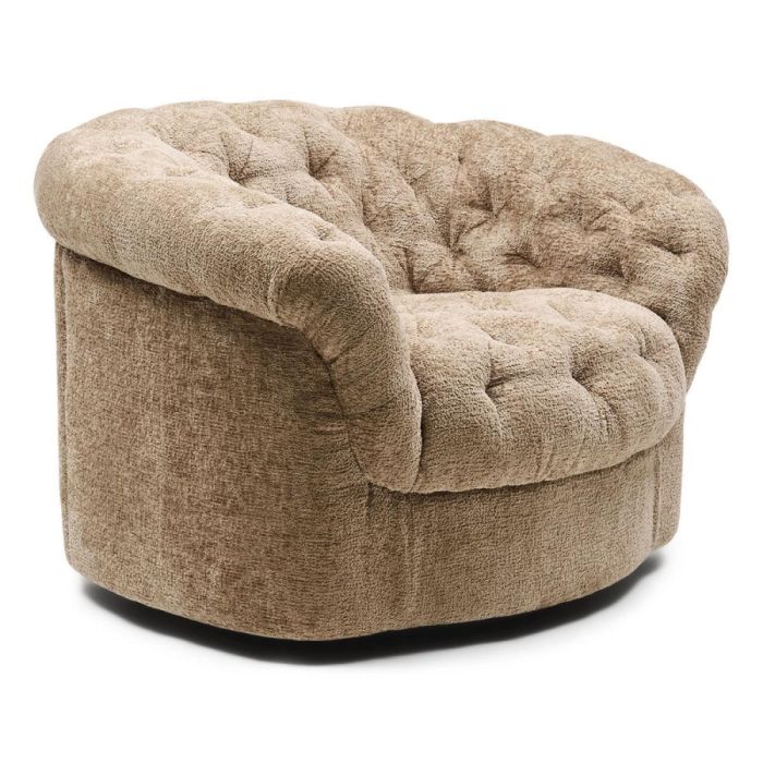 Draaibare armstoel Palma in wheat mélange stof schuin van voren met ronde vorm en zachte gecapitonneerde zitting
