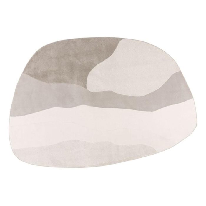 Organisch vloerkleed in zilver en grijs met vloeiende vormen, bovenaanzicht van het volledige kleed